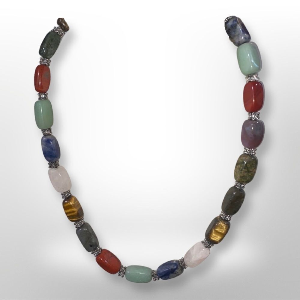 Multicolored Semi Precious Stone & Sterling Silver Chain Necklace